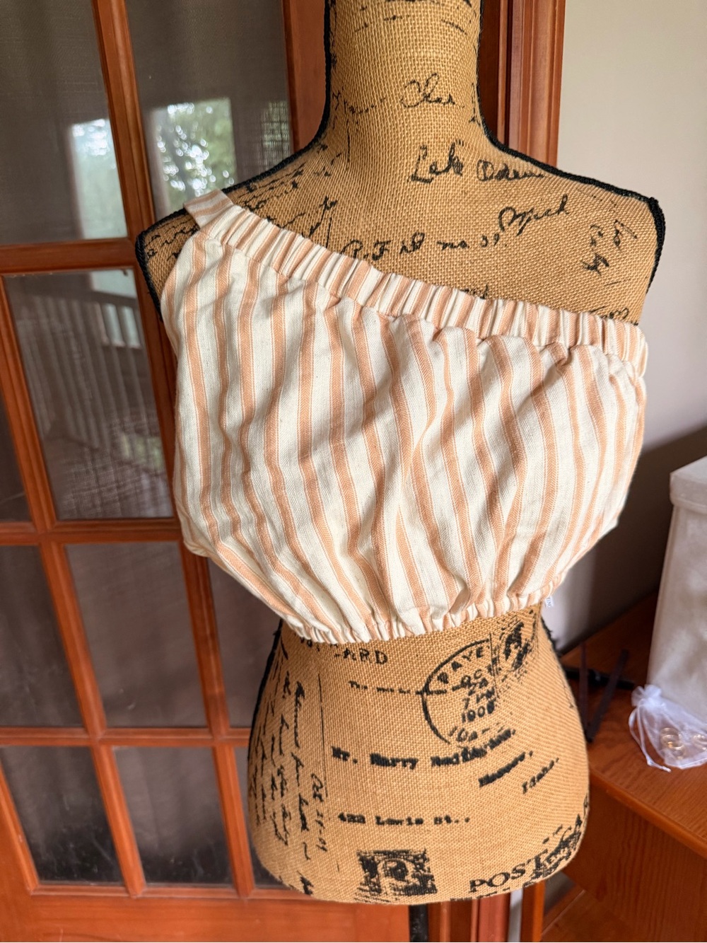 One-Shoulder Striped Crop Top - Cream & Tan